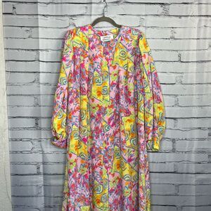 David Brown 1980s Vintage Pink Yellow Maxi Nightgown Dress 3/4 Puff Sleeve M